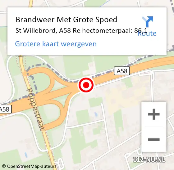 Locatie op kaart van de 112 melding: Brandweer Met Grote Spoed Naar St Willebrord, A58 R hectometerpaal: 86,4 op 9 juni 2017 17:49