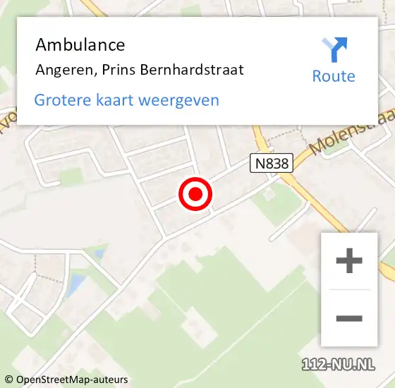 Locatie op kaart van de 112 melding: Ambulance Angeren, Prins Bernhardstraat op 10 juni 2017 12:01