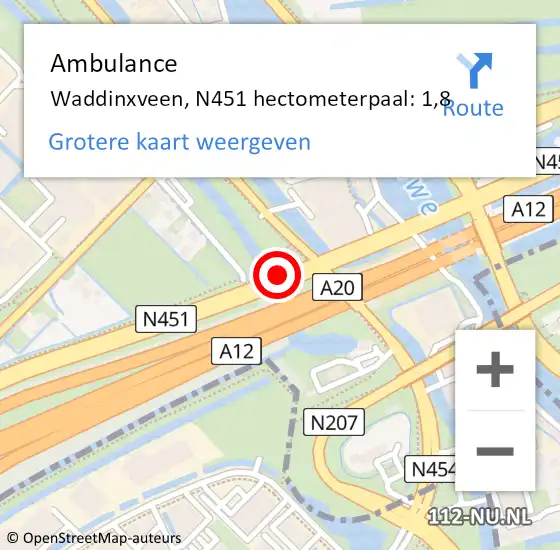 Locatie op kaart van de 112 melding: Ambulance Waddinxveen, N451 hectometerpaal: 1,8 op 10 juni 2017 16:56