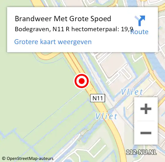 Locatie op kaart van de 112 melding: Brandweer Met Grote Spoed Naar Bodegraven, N11 L hectometerpaal: 19,0 op 11 juni 2017 22:39
