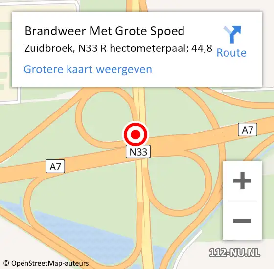 Locatie op kaart van de 112 melding: Brandweer Met Grote Spoed Naar Zuidbroek, N33 R hectometerpaal: 43,5 op 12 juni 2017 08:15