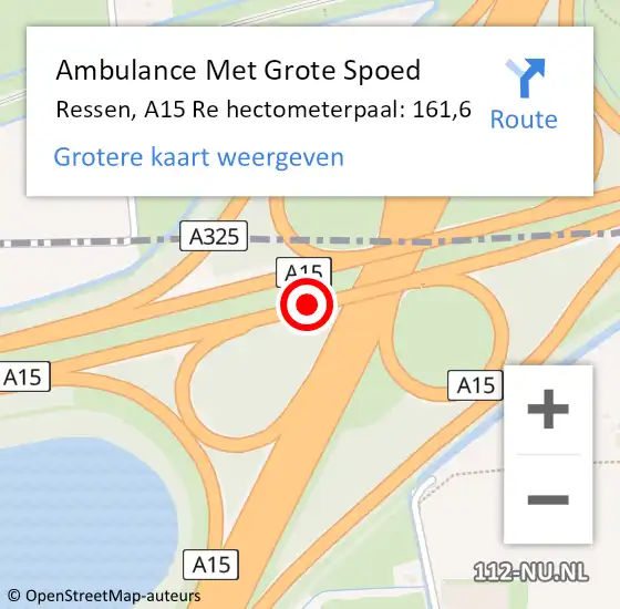 Locatie op kaart van de 112 melding: Ambulance Met Grote Spoed Naar Ressen, A15 R hectometerpaal: 162,6 op 13 juni 2017 17:16
