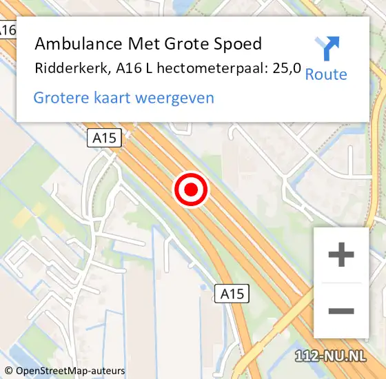 Locatie op kaart van de 112 melding: Ambulance Met Grote Spoed Naar Ridderkerk, A16 R hectometerpaal: 27,4 op 14 juni 2017 13:28