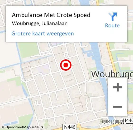 Locatie op kaart van de 112 melding: Ambulance Met Grote Spoed Naar Woubrugge, Julianalaan op 14 juni 2017 15:00