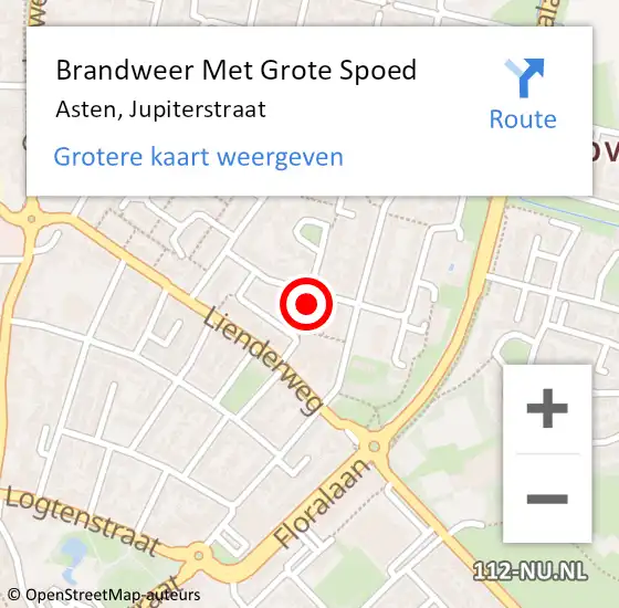 Locatie op kaart van de 112 melding: Brandweer Met Grote Spoed Naar Asten, Jupiterstraat op 14 juni 2017 17:12