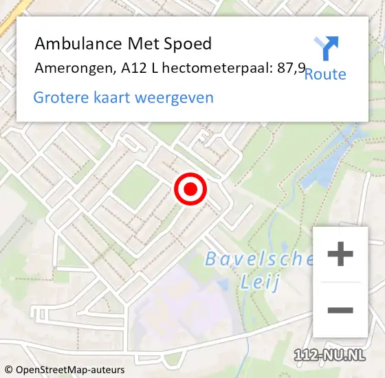 Locatie op kaart van de 112 melding: Ambulance Met Spoed Naar Amerongen, A12 L hectometerpaal: 87,9 op 15 juni 2017 09:51