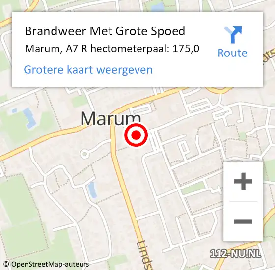 Locatie op kaart van de 112 melding: Brandweer Met Grote Spoed Naar Marum, A7 R hectometerpaal: 175,0 op 15 juni 2017 18:00