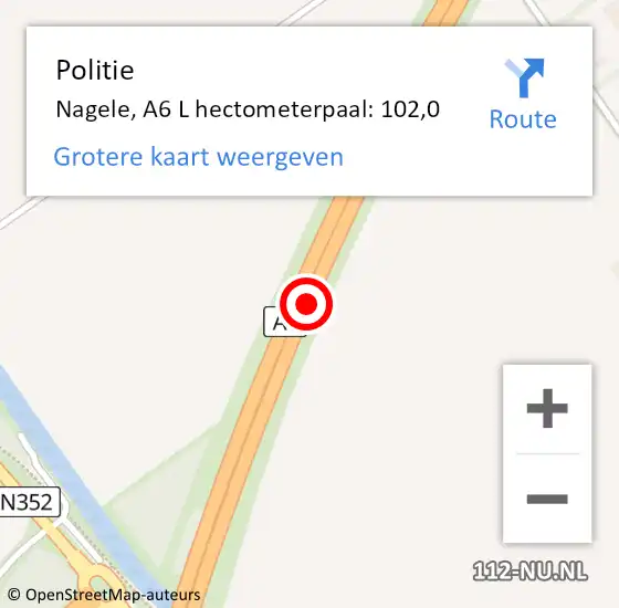 Locatie op kaart van de 112 melding: Politie Nagele, A6 R hectometerpaal: 102,7 op 16 juni 2017 20:04