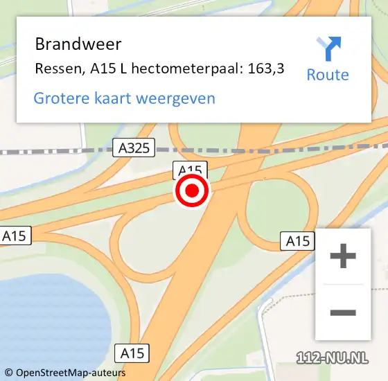 Locatie op kaart van de 112 melding: Brandweer Ressen, A15 L hectometerpaal: 163,3 op 18 juni 2017 09:48