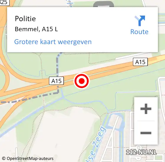 Locatie op kaart van de 112 melding: Politie Bemmel, A15 L op 18 juni 2017 09:49