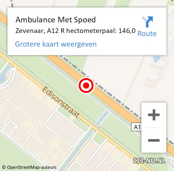 Locatie op kaart van de 112 melding: Ambulance Met Spoed Naar Zevenaar, A12 R hectometerpaal: 146,0 op 19 juni 2017 00:57