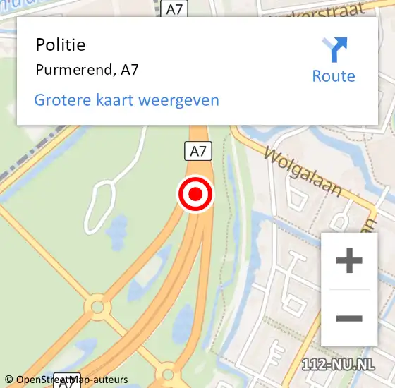 Locatie op kaart van de 112 melding: Politie Purmerend, A7 op 19 juni 2017 07:37