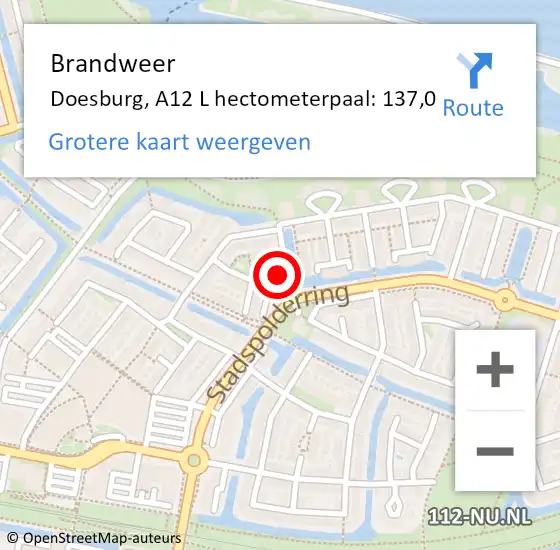 Locatie op kaart van de 112 melding: Brandweer Doesburg, A12 L hectometerpaal: 137,0 op 19 juni 2017 15:51
