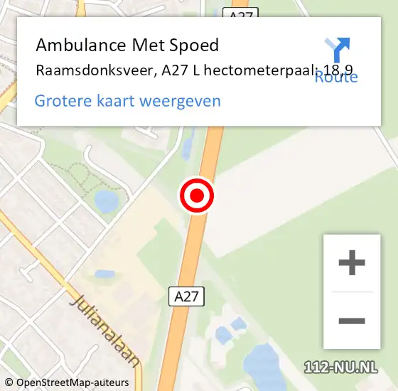 Locatie op kaart van de 112 melding: Ambulance Met Spoed Naar Raamsdonksveer, A27 L hectometerpaal: 21,2 op 19 juni 2017 20:39