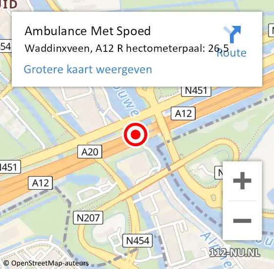 Locatie op kaart van de 112 melding: Ambulance Met Spoed Naar Waddinxveen, A12 R hectometerpaal: 26,5 op 20 juni 2017 07:32