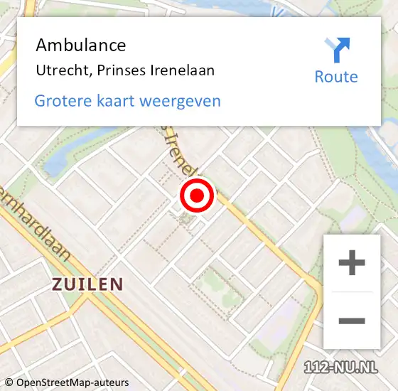 Locatie op kaart van de 112 melding: Ambulance Utrecht, Prinses Irenelaan op 22 juni 2017 11:00