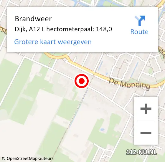 Locatie op kaart van de 112 melding: Brandweer Dijk, A12 L hectometerpaal: 148,0 op 23 juni 2017 02:02