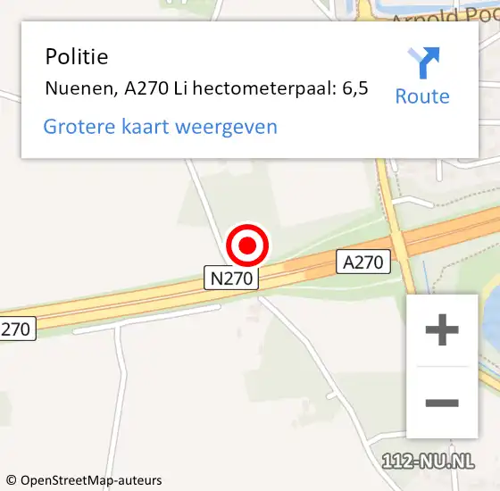 Locatie op kaart van de 112 melding: Politie Nuenen, A270 Li hectometerpaal: 6,5 op 24 juni 2017 04:50