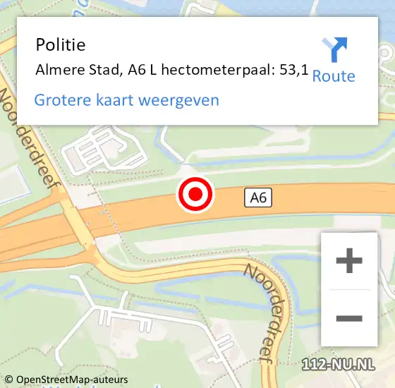 Locatie op kaart van de 112 melding: Politie Almere Stad, A6 L hectometerpaal: 53,1 op 24 juni 2017 16:18