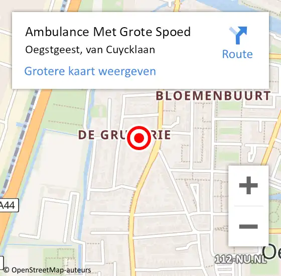 Locatie op kaart van de 112 melding: Ambulance Met Grote Spoed Naar Oegstgeest, van Cuycklaan op 25 juni 2017 00:59