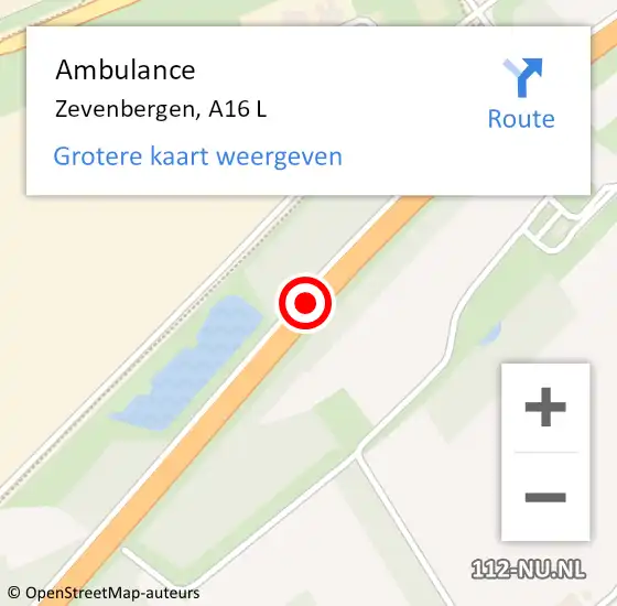 Locatie op kaart van de 112 melding: Ambulance Zevenbergen, A16 L op 25 juni 2017 20:12