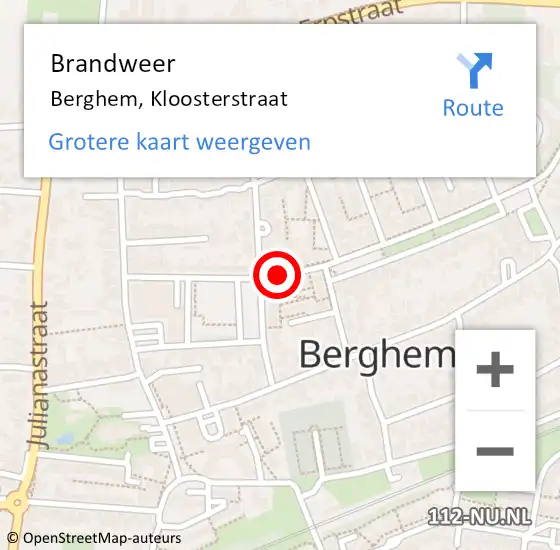 Locatie op kaart van de 112 melding: Brandweer Berghem, Kloosterstraat op 25 januari 2014 00:47