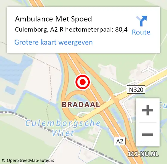 Locatie op kaart van de 112 melding: Ambulance Met Spoed Naar Culemborg, A2 R hectometerpaal: 80,8 op 27 juni 2017 16:21