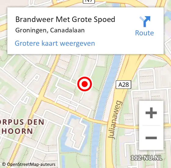 Locatie op kaart van de 112 melding: Brandweer Met Grote Spoed Naar Groningen, Canadalaan op 27 juni 2017 21:54