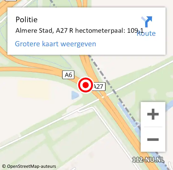 Locatie op kaart van de 112 melding: Politie Almere Stad, A27 R hectometerpaal: 109,1 op 28 juni 2017 10:38