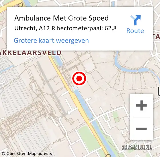 Locatie op kaart van de 112 melding: Ambulance Met Grote Spoed Naar Utrecht, A12 R hectometerpaal: 62,8 op 28 juni 2017 14:53