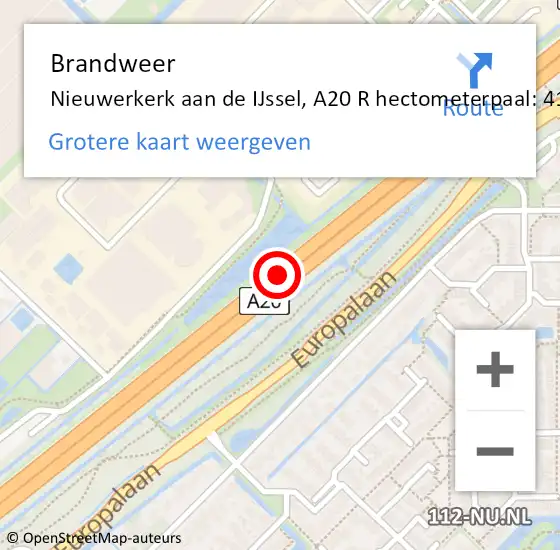 Locatie op kaart van de 112 melding: Brandweer Nieuwerkerk aan de IJssel, A20 R hectometerpaal: 41,1 op 28 juni 2017 18:34