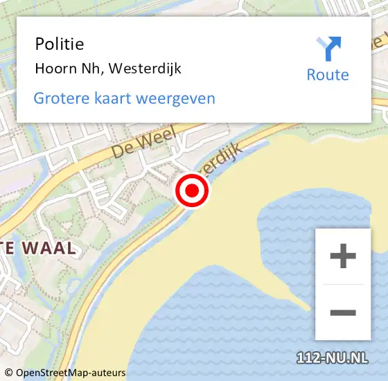 Locatie op kaart van de 112 melding: Politie Hoorn Nh, Westerdijk op 28 juni 2017 19:36