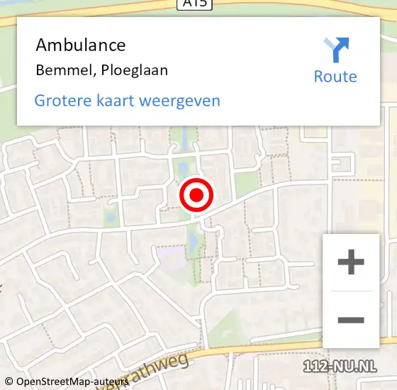 Locatie op kaart van de 112 melding: Ambulance Bemmel, Ploeglaan op 29 juni 2017 00:28
