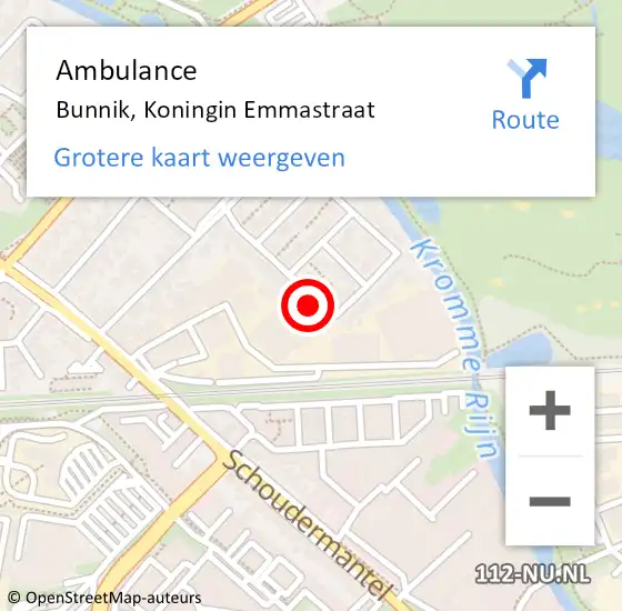 Locatie op kaart van de 112 melding: Ambulance Bunnik, Koningin Emmastraat op 30 juni 2017 12:43