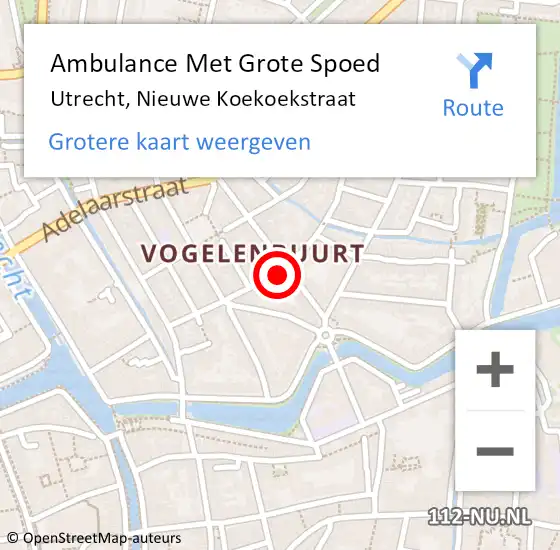 Locatie op kaart van de 112 melding: Ambulance Met Grote Spoed Naar Utrecht, Nieuwe Koekoekstraat op 30 juni 2017 23:37