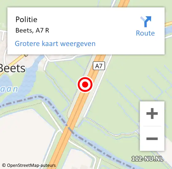 Locatie op kaart van de 112 melding: Politie Beets, A7 L op 2 juli 2017 17:50