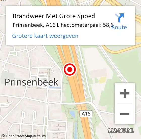 Locatie op kaart van de 112 melding: Brandweer Met Grote Spoed Naar Prinsenbeek, A16 R hectometerpaal: 57,3 op 2 juli 2017 19:39