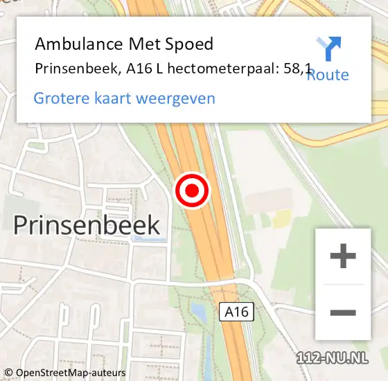 Locatie op kaart van de 112 melding: Ambulance Met Spoed Naar Prinsenbeek, A16 R hectometerpaal: 57,6 op 2 juli 2017 19:56