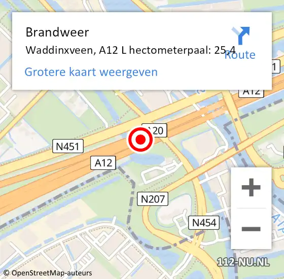 Locatie op kaart van de 112 melding: Brandweer Waddinxveen, A12 L hectometerpaal: 25,4 op 3 juli 2017 06:35