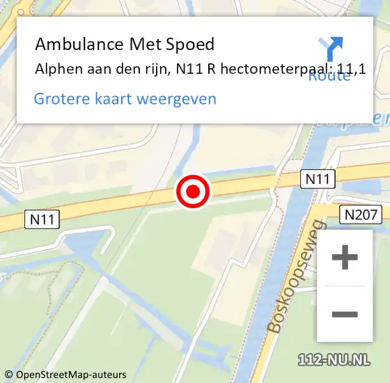 Locatie op kaart van de 112 melding: Ambulance Met Spoed Naar Alphen aan den rijn, N11 R hectometerpaal: 11,1 op 3 juli 2017 23:01
