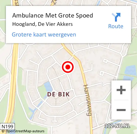 Locatie op kaart van de 112 melding: Ambulance Met Grote Spoed Naar Hoogland, De Vier Akkers op 4 juli 2017 06:08