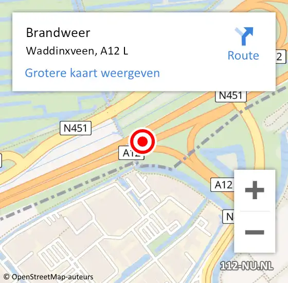 Locatie op kaart van de 112 melding: Brandweer Waddinxveen, A12 L op 4 juli 2017 07:36
