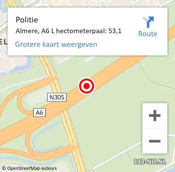 Locatie op kaart van de 112 melding: Politie Almere, A6 L hectometerpaal: 53,1 op 4 juli 2017 08:56