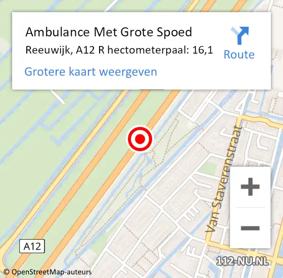 Locatie op kaart van de 112 melding: Ambulance Met Grote Spoed Naar Reeuwijk, A12 R hectometerpaal: 16,1 op 6 juli 2017 06:21