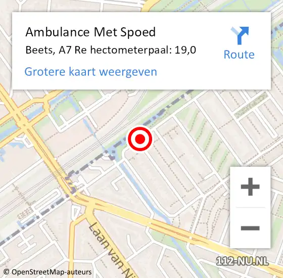 Locatie op kaart van de 112 melding: Ambulance Met Spoed Naar Beets, A7 Re hectometerpaal: 19,0 op 6 juli 2017 12:14