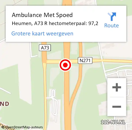 Locatie op kaart van de 112 melding: Ambulance Met Spoed Naar Heumen, A73 R hectometerpaal: 95,0 op 6 juli 2017 18:03