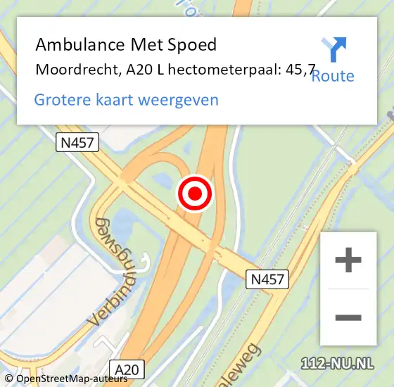 Locatie op kaart van de 112 melding: Ambulance Met Spoed Naar Moordrecht, A20 L hectometerpaal: 45,7 op 6 juli 2017 22:48