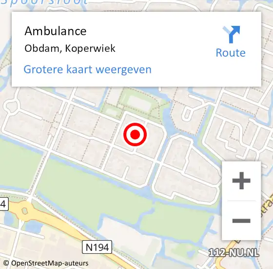 Locatie op kaart van de 112 melding: Ambulance Obdam, Koperwiek op 7 juli 2017 12:57