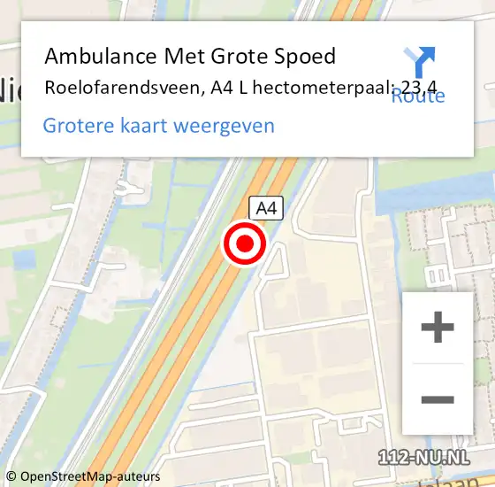 Locatie op kaart van de 112 melding: Ambulance Met Grote Spoed Naar Roelofarendsveen, A4 R hectometerpaal: 23,3 op 7 juli 2017 15:48