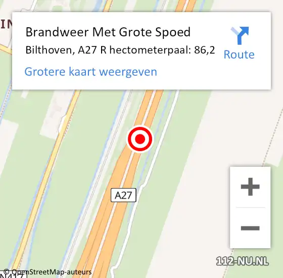 Locatie op kaart van de 112 melding: Brandweer Met Grote Spoed Naar Bilthoven, A27 R hectometerpaal: 86,2 op 8 juli 2017 19:08